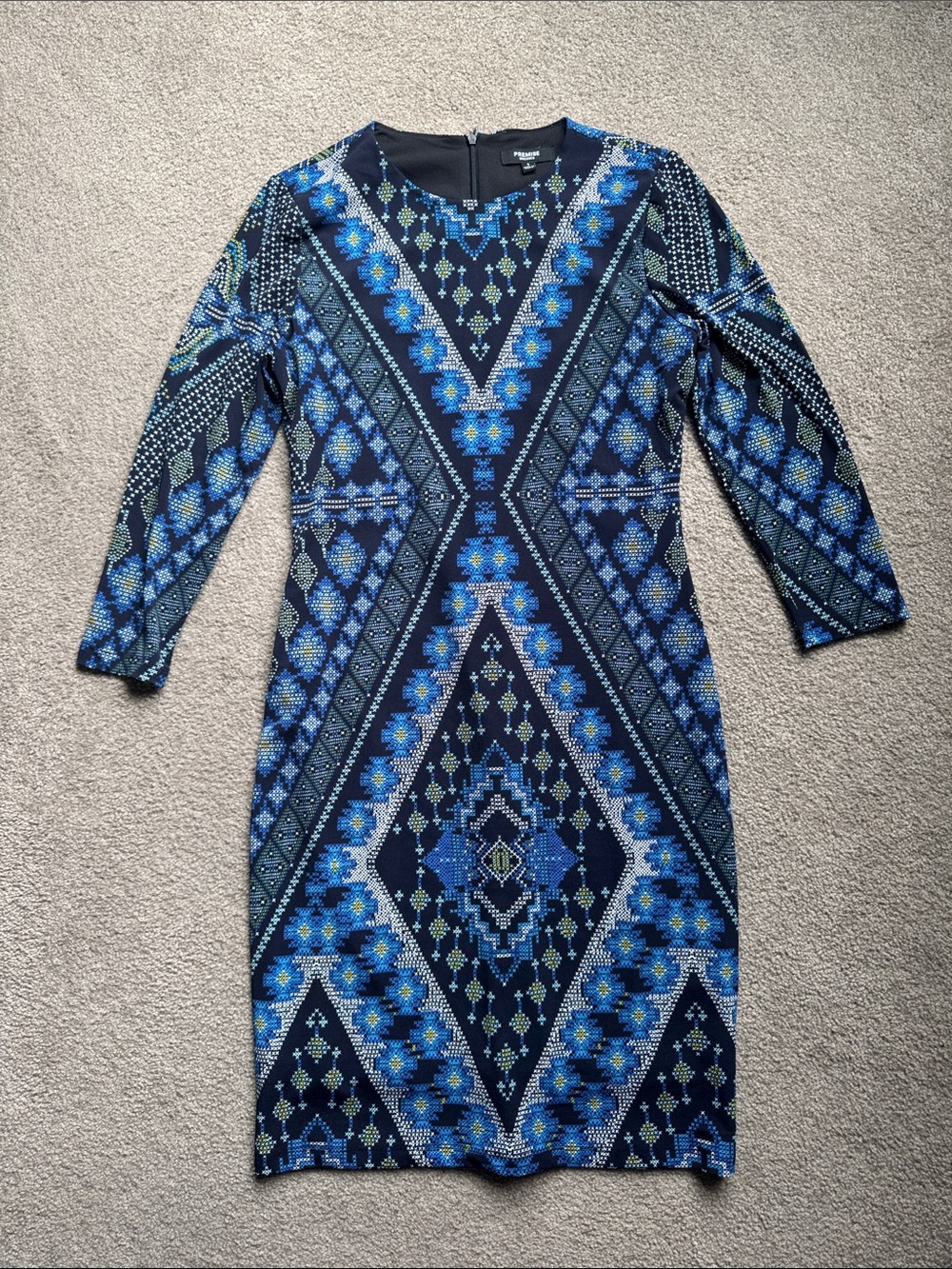 Blue Patterned Long Sleeve Bodycon Dress